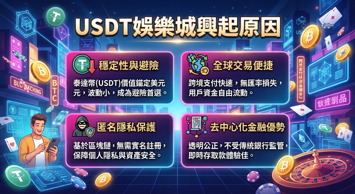 這張資訊圖表探討了USDT娛樂城興起的關鍵原因。 內容涵蓋穩定避險、全球交易便捷、匿名隱私保護及去中心化優勢。