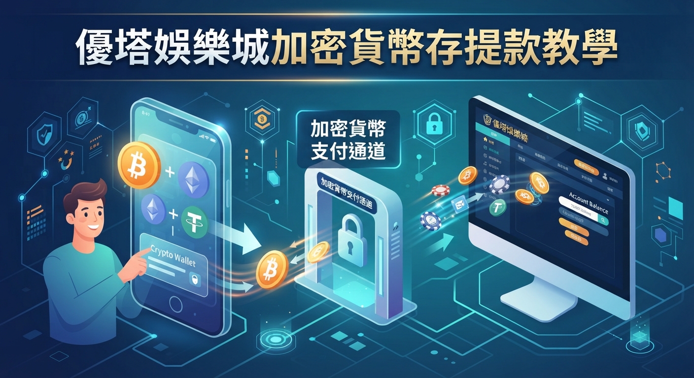 這張圖片展示了優塔娛樂城加密貨幣存提款教學的主題，畫面中結合了手機錢包、加密貨幣支付通道與平台介面。整體設計採用科技感藍色調，凸顯安全與便捷的交易流程。